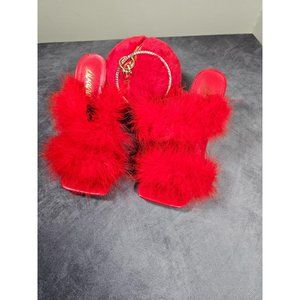 Pair Of Red 3 inch Fur Heels by Lilana Plush Red Fury Round Purse Size 8.5